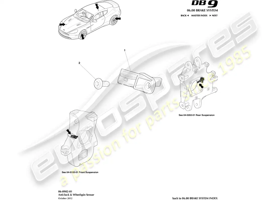 aston martin db9 (2013) sensores de velocidad de las ruedas diagrama de piezas