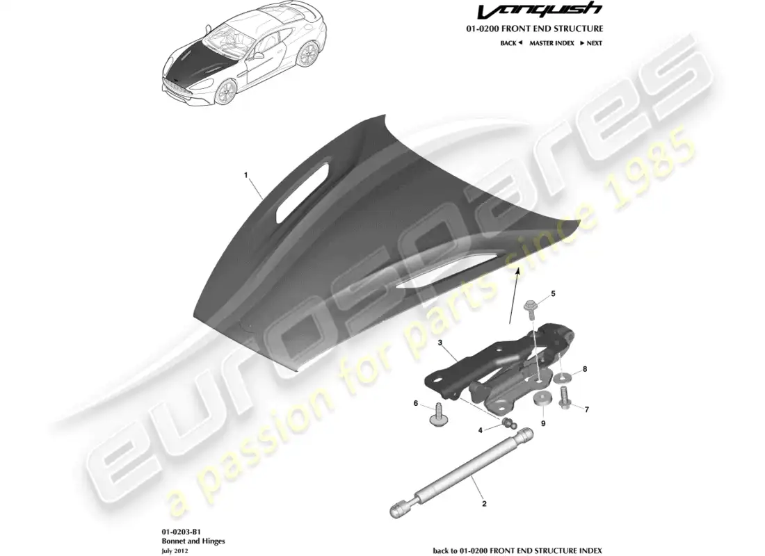 aston martin vanquish (2015) capó y bisagras diagrama de piezas