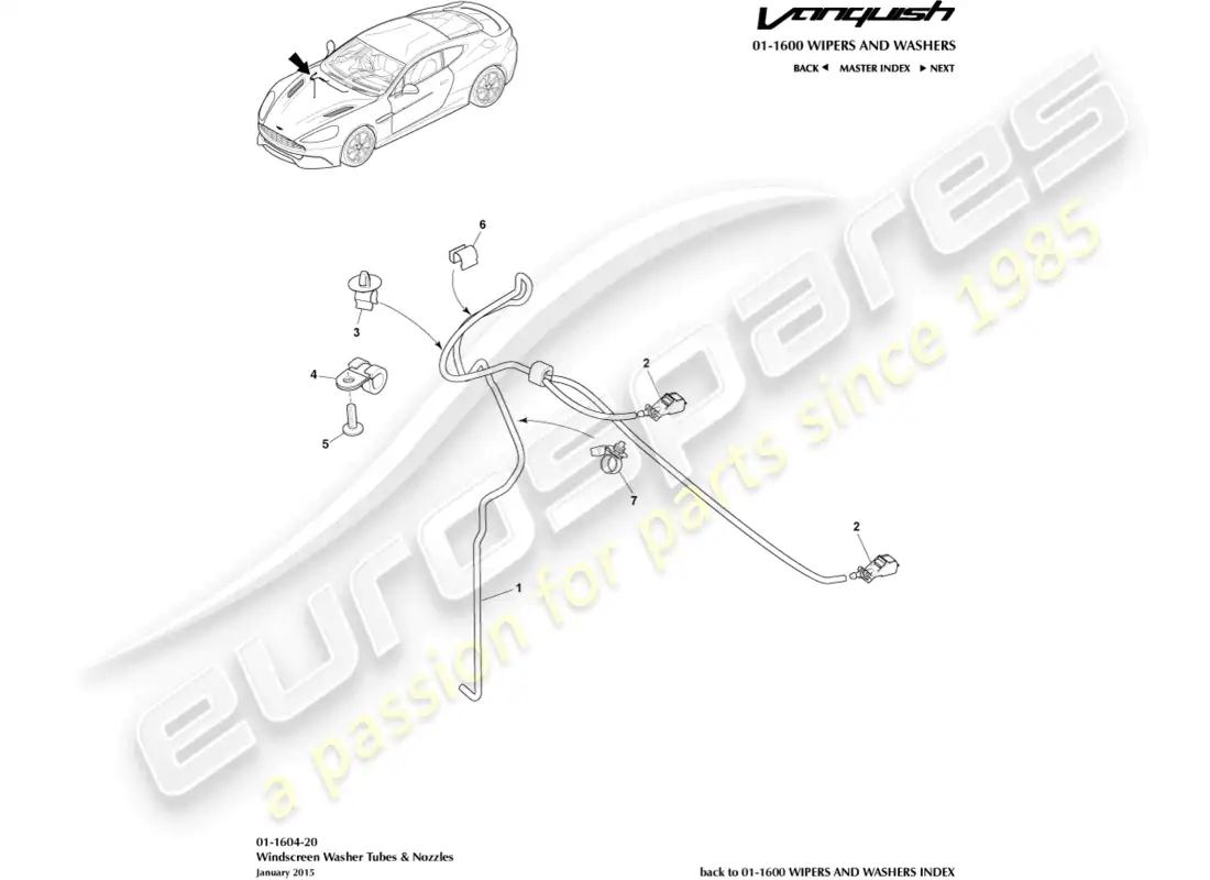 aston martin vanquish (2018) lavado de parabrisas diagrama de piezas