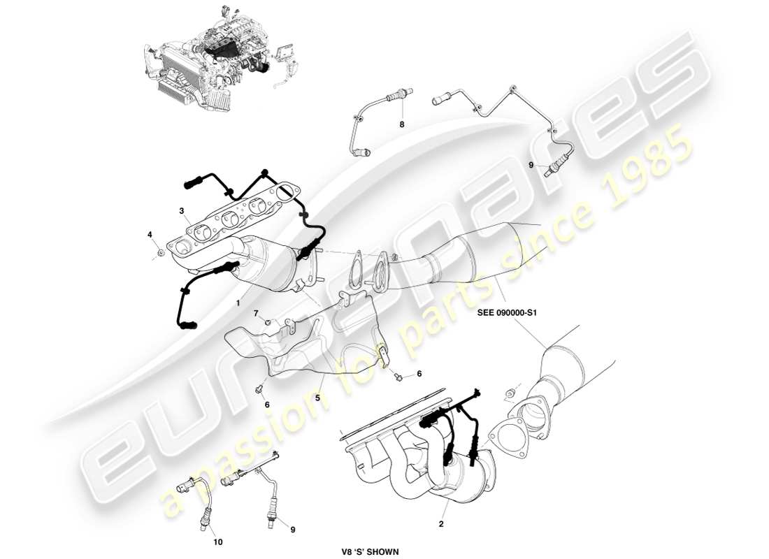 aston martin v8 vantage (2005) colectores de escape diagrama de piezas