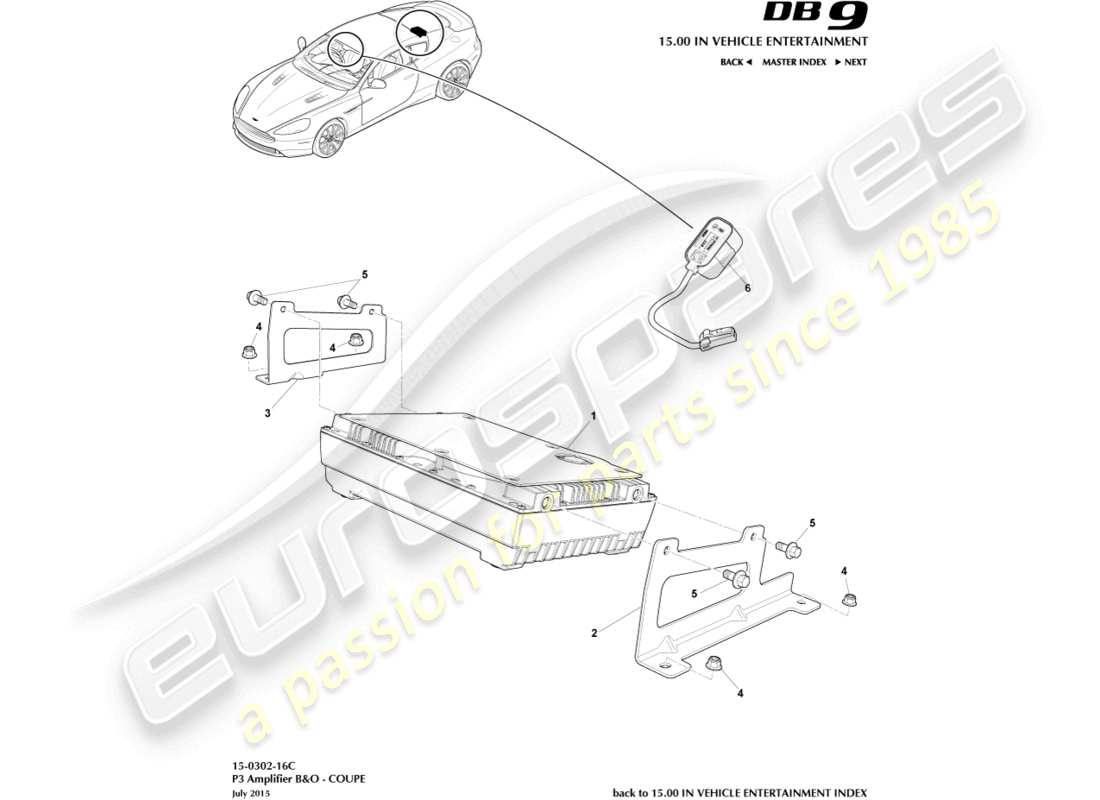 aston martin db9 (2013) p3 amplificadores, b&o. 16my, diagrama de piezas del cupé