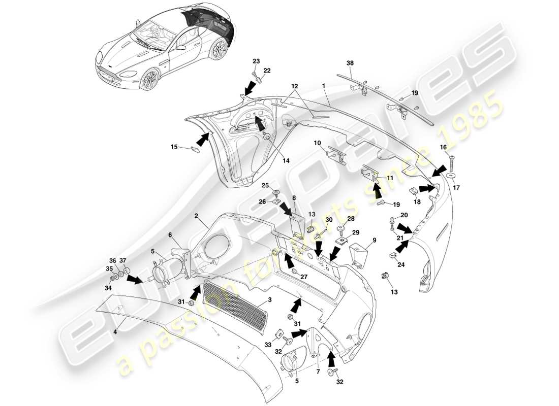 aston martin v8 vantage (2005) parachoques trasero, 12.25my en y v8s diagrama de piezas