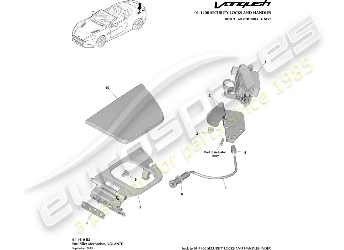 aston martin vanquish (2015) mecanismo de llenado de combustible, volante diagrama de piezas
