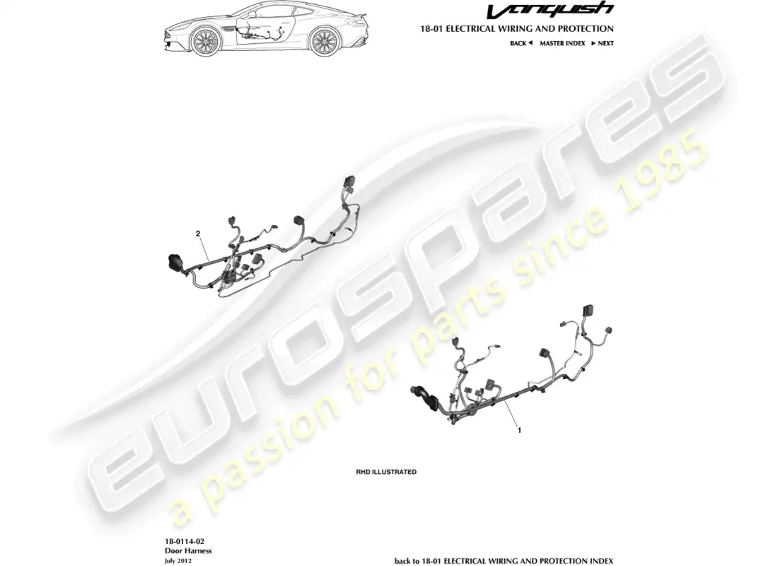 aston martin vanquish (2018) arnés de puerta diagrama de piezas