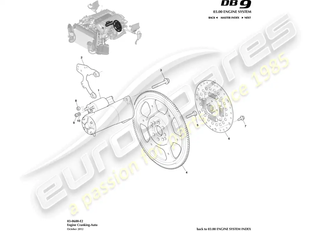 aston martin db9 (2015) arranque del motor, diagrama de piezas de automóvil
