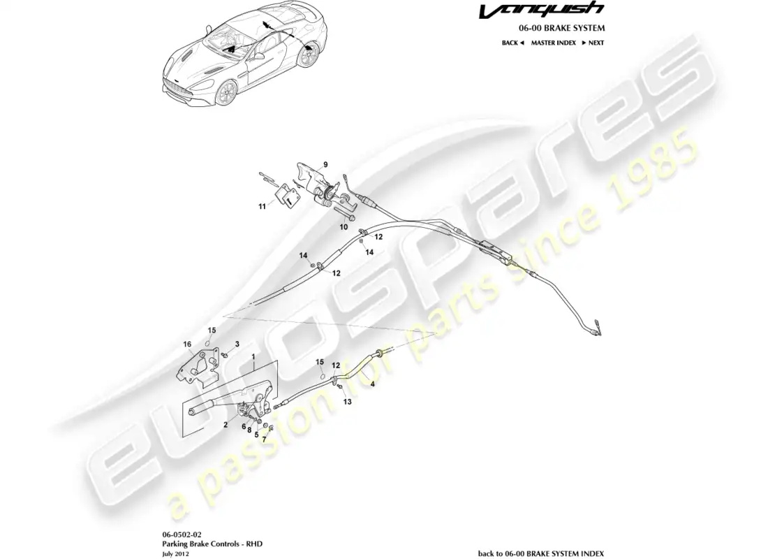 aston martin vanquish (2016) freno de estacionamiento, lado derecho diagrama de piezas