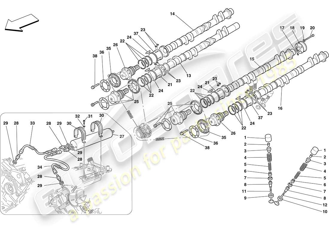 ferrari f430 coupe (rhd) sistema de distribución - taqués diagrama de piezas