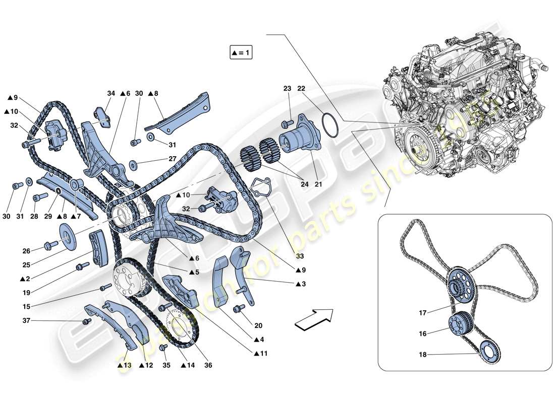 ferrari california t (rhd) sistema de distribución - diagrama de piezas de transmisión