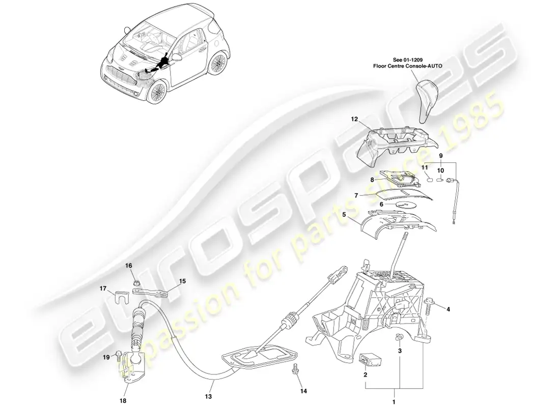 aston martin cygnet (2012) mecánico de selección de marcha, automático diagrama de piezas