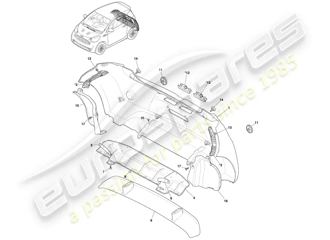 aston martin cygnet (2012) conjunto de parachoques trasero diagrama de piezas