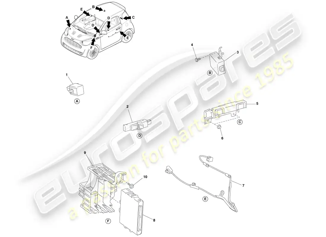 aston martin cygnet (2012) cerradura de puerta inalámbrica diagrama de piezas