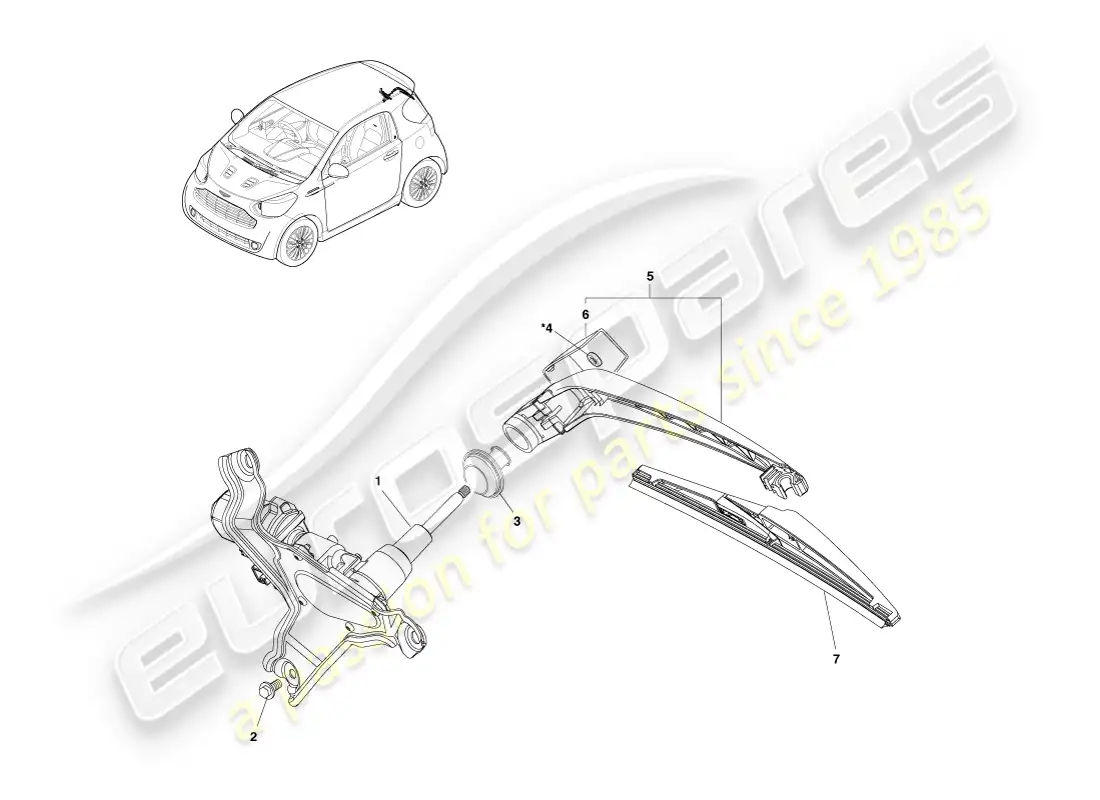 aston martin cygnet (2012) conjunto de limpiaparabrisas trasero diagrama de piezas