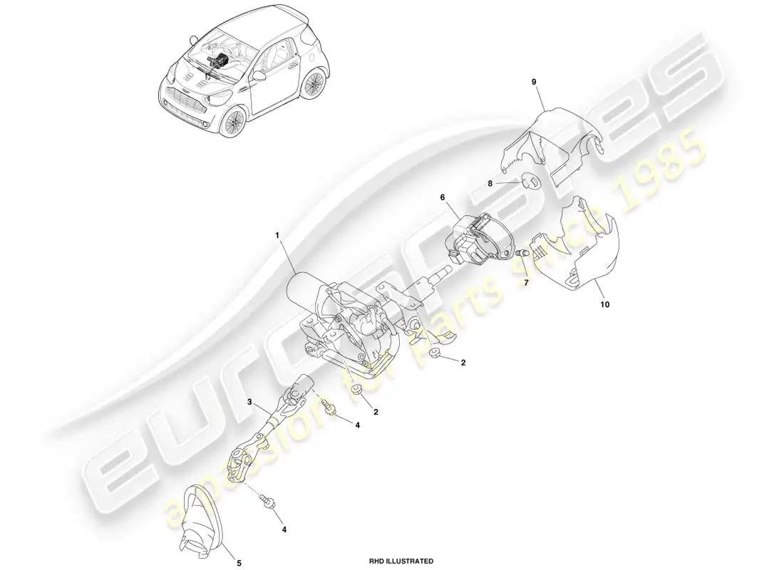 aston martin cygnet (2012) conjunto de columna de dirección diagrama de piezas