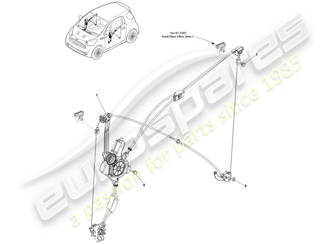 aston martin cygnet (2012) reguladores de ventana lateral delantera diagrama de piezas