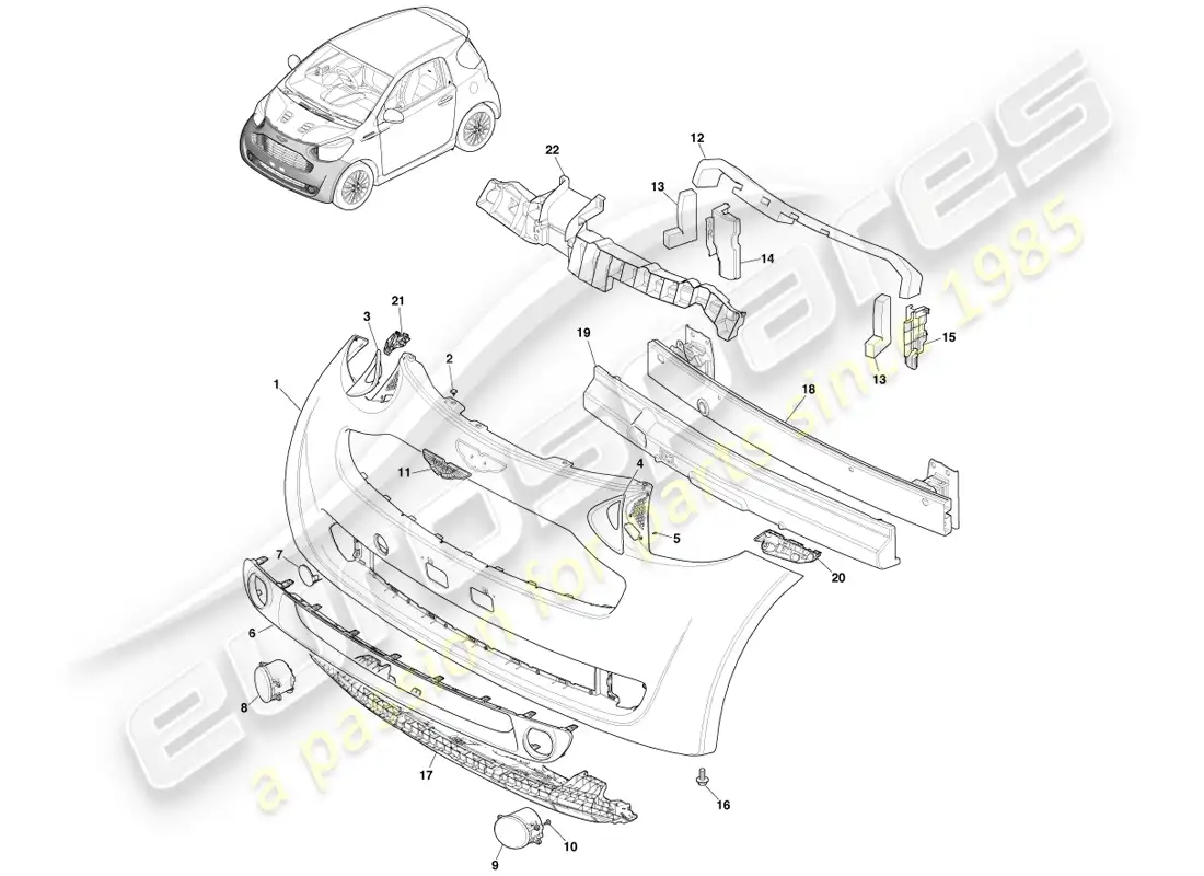 aston martin cygnet (2012) conjunto de parachoques delantero diagrama de piezas