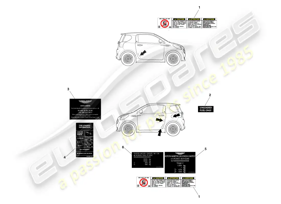 aston martin cygnet (2012) etiquetas exteriores diagrama de piezas