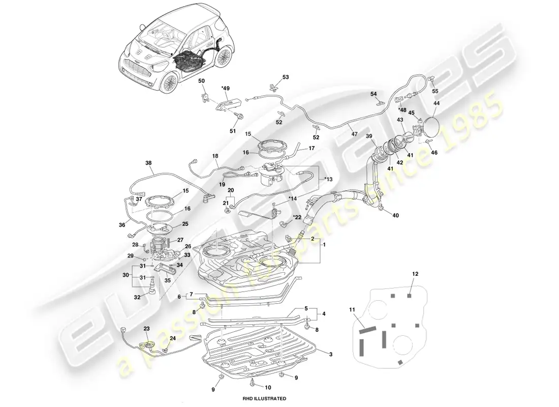 aston martin cygnet (2012) conjunto del tanque de combustible diagrama de piezas