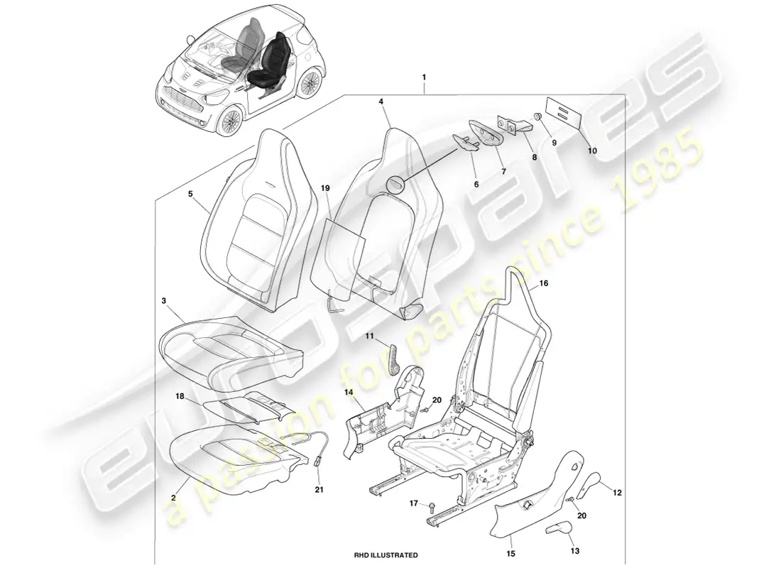 aston martin cygnet (2012) asiento delantero, pasajero diagrama de piezas