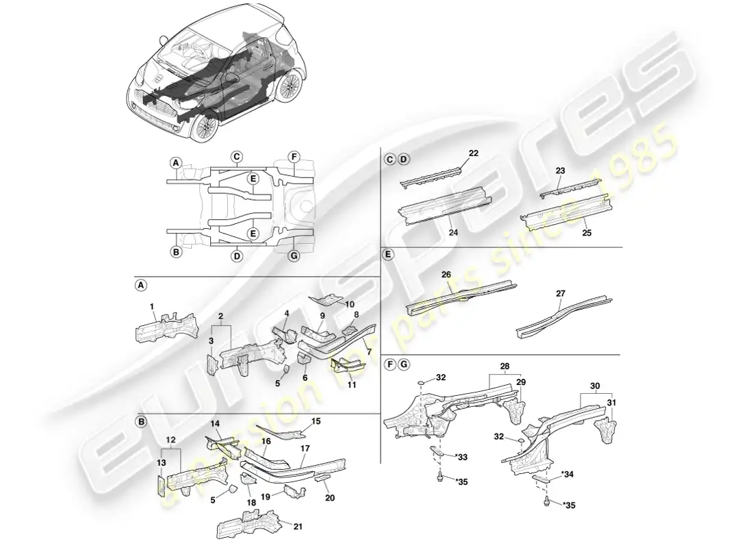 aston martin cygnet (2012) largueros del piso diagrama de piezas