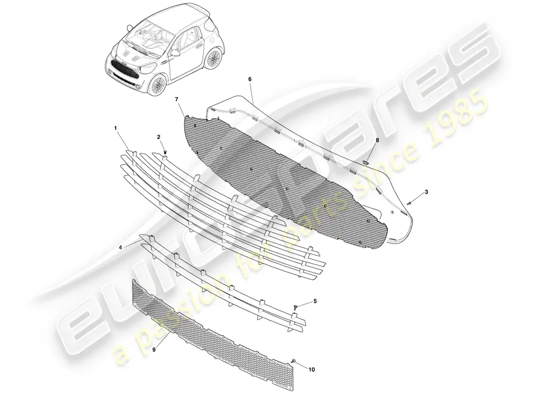 aston martin cygnet (2012) rejilla del radiador diagrama de piezas