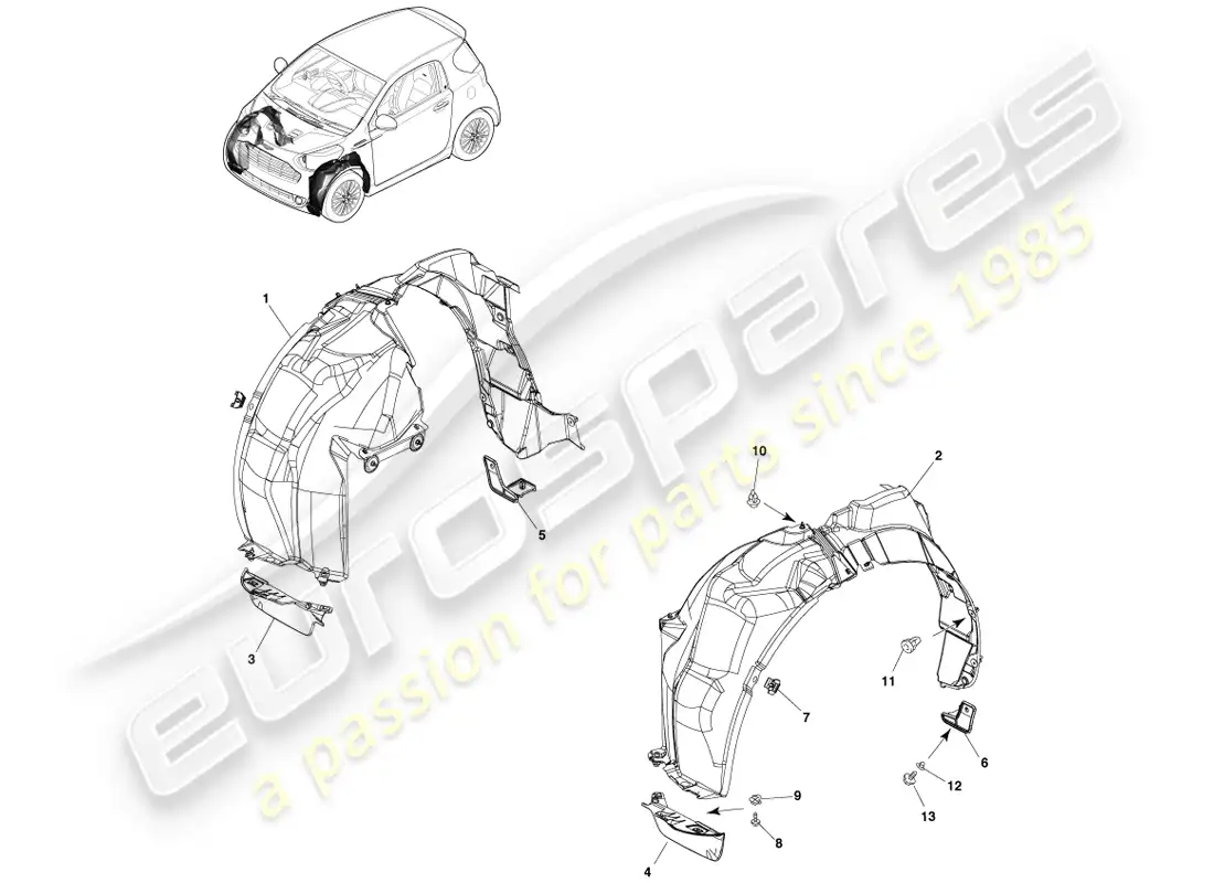 aston martin cygnet (2012) revestimientos de pasos de rueda delantera diagrama de piezas