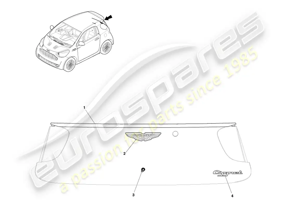 aston martin cygnet (2012) adornos y ornamentación exterior del portón trasero diagrama de piezas