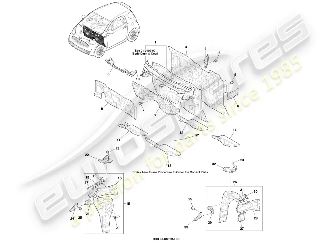 aston martin cygnet (2012) delantal y tablero del guardabarros delantero diagrama de piezas