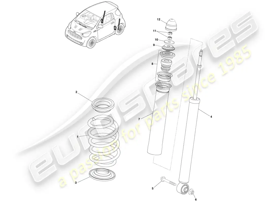 aston martin cygnet (2012) resorte y amortiguador de suspensión trasera diagrama de piezas