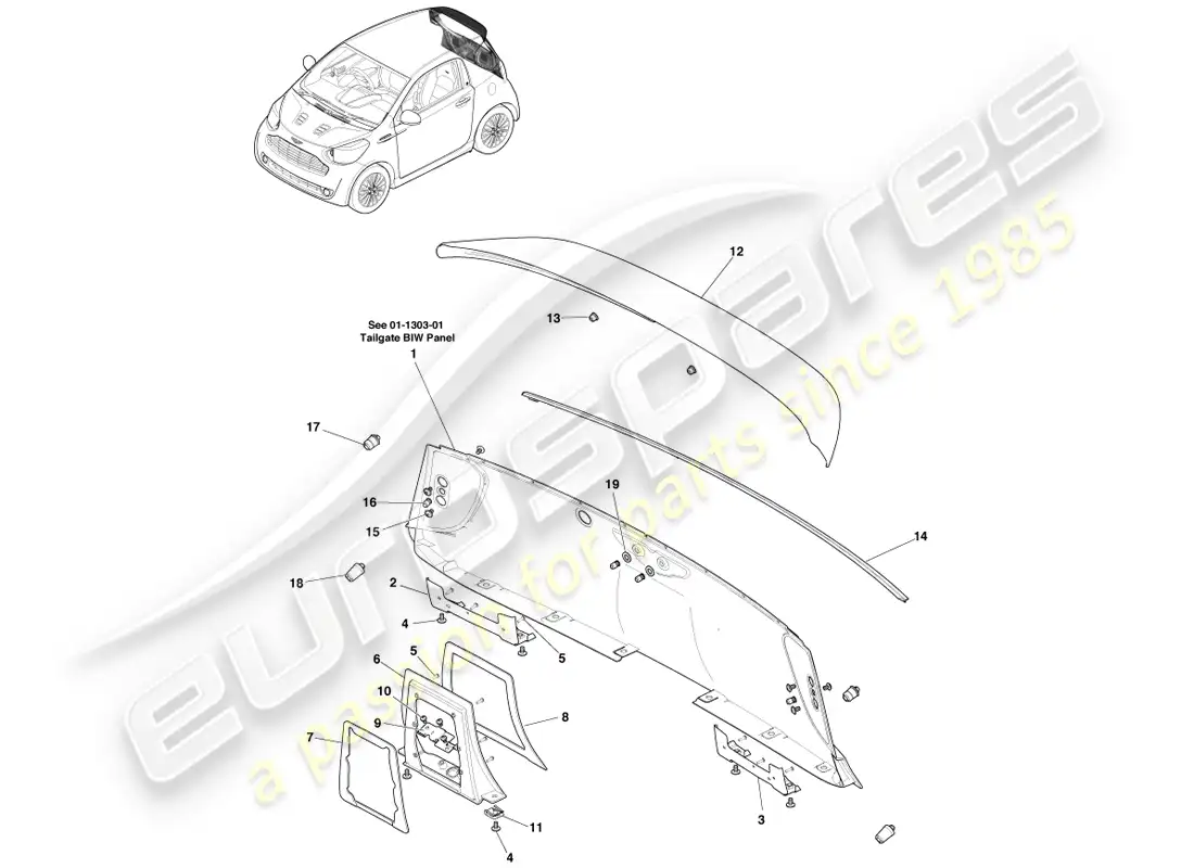 aston martin cygnet (2012) paneles y fijaciones del portón trasero diagrama de piezas