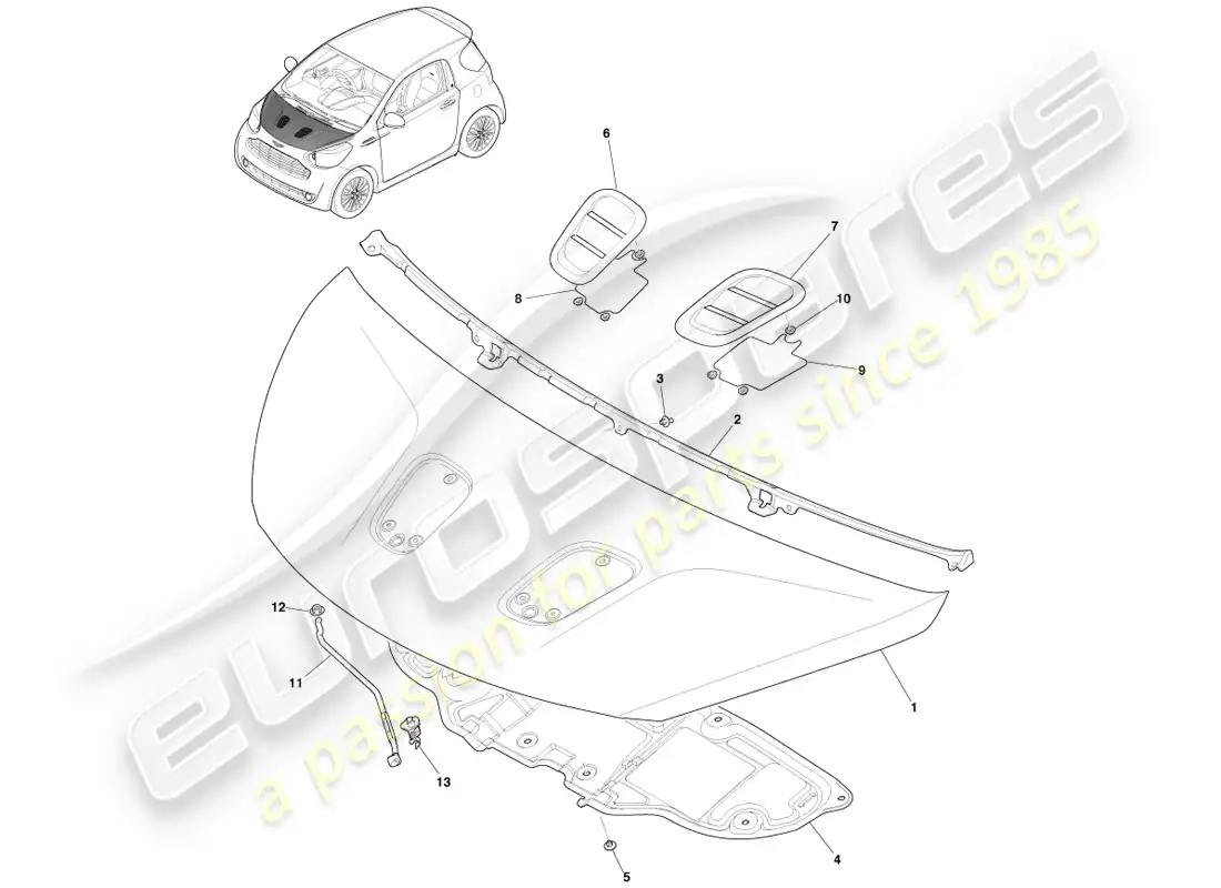aston martin cygnet (2012) conjunto del capó delantero diagrama de piezas