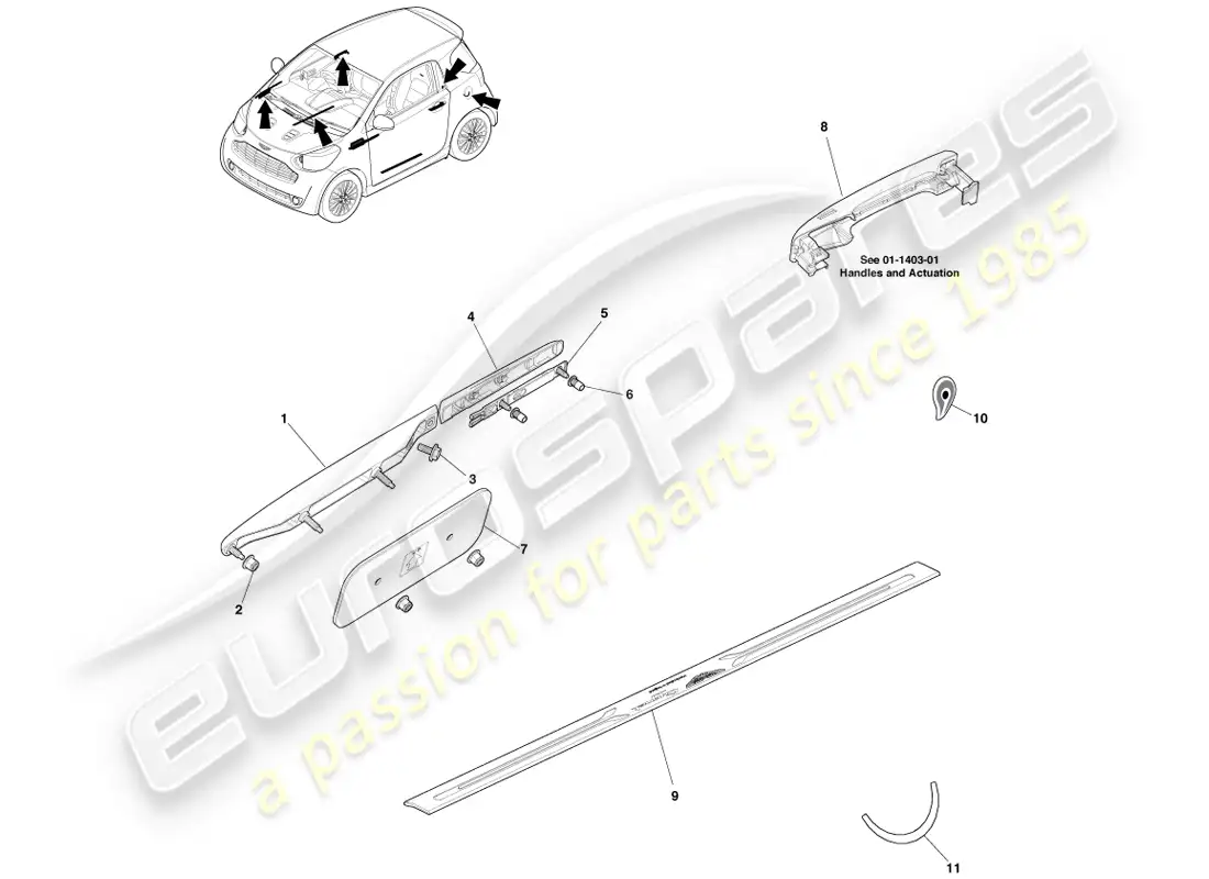 aston martin cygnet (2012) ornamentación de costados y cuartos del cuerpo diagrama de piezas