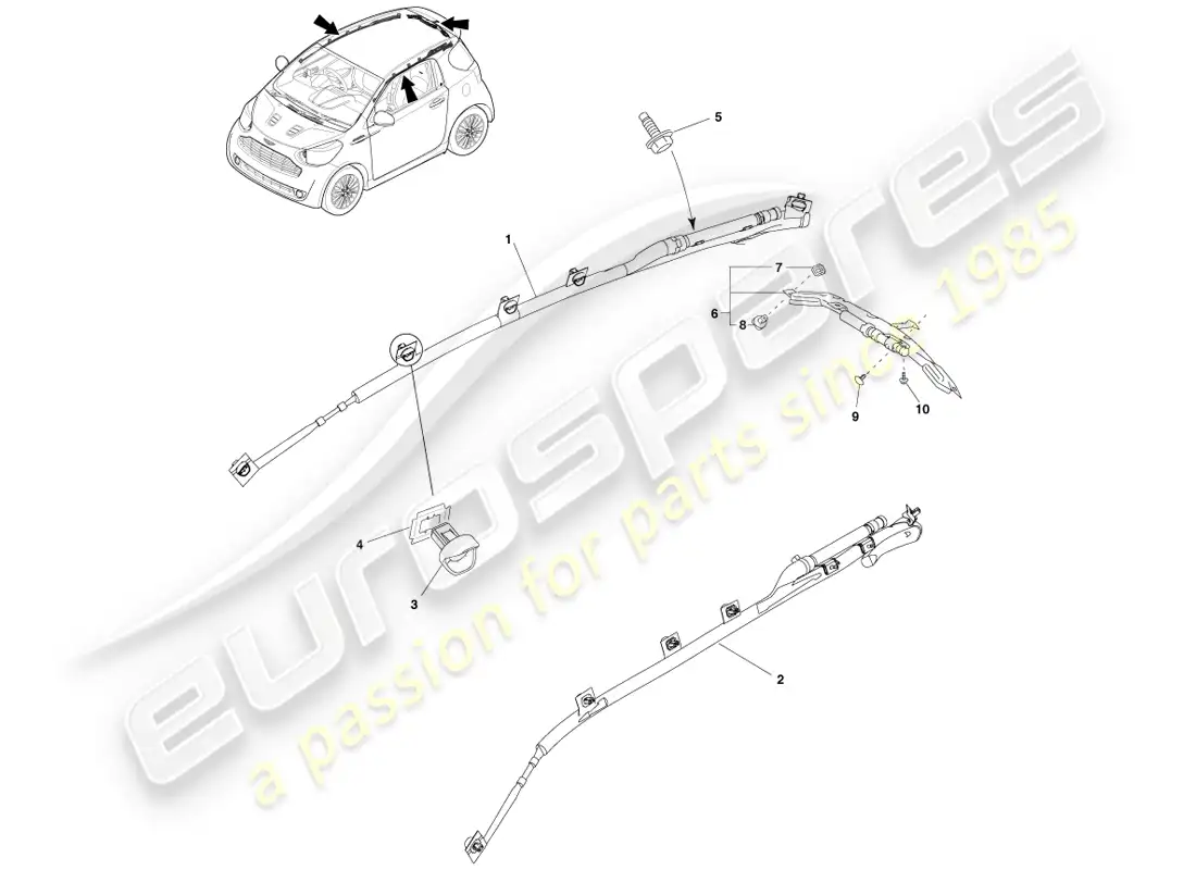 aston martin cygnet (2012) sistema de bolsa de aire de cortina diagrama de piezas