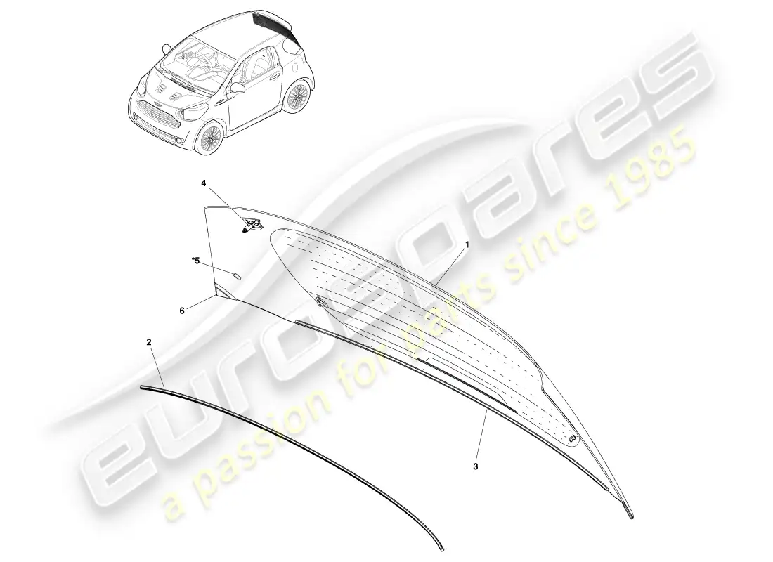 aston martin cygnet (2012) conjunto de vidrio trasero diagrama de piezas