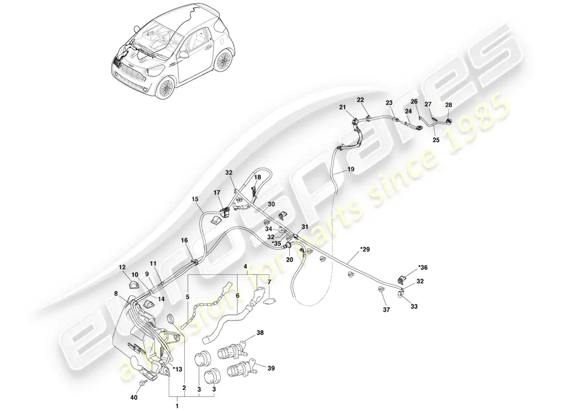 aston martin cygnet (2012) conjunto de lavado de parabrisas diagrama de piezas