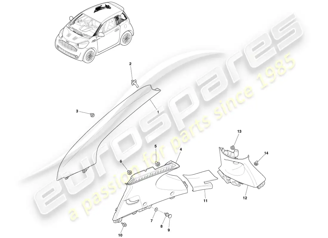 aston martin cygnet (2012) moldura del pilar superior diagrama de piezas