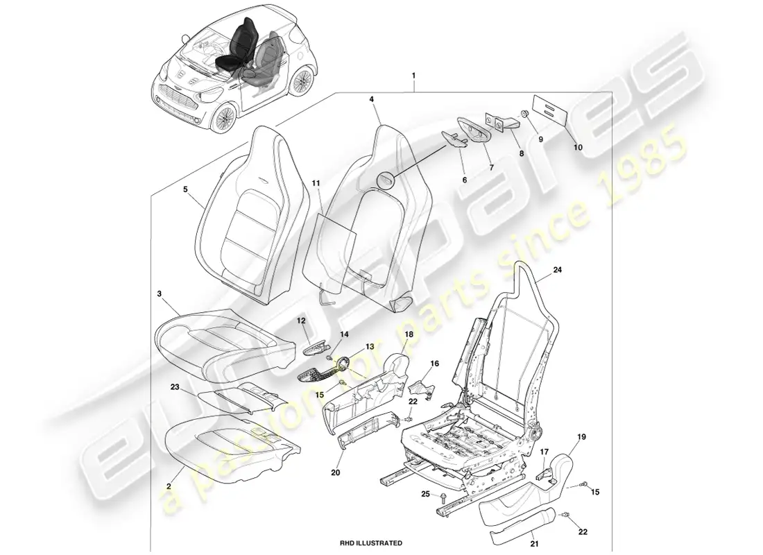 aston martin cygnet (2012) asiento delantero, conductores diagrama de piezas