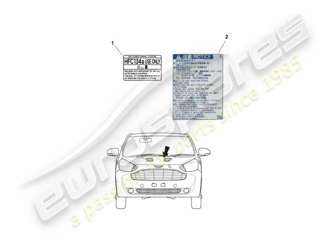 aston martin cygnet (2012) etiquetas debajo del capó diagrama de piezas