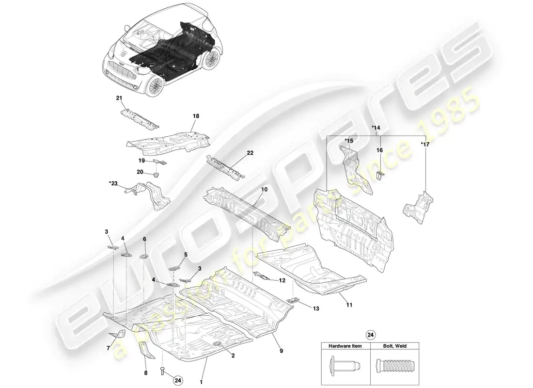 aston martin cygnet (2012) panel de piso y panel trasero inferior diagrama de piezas