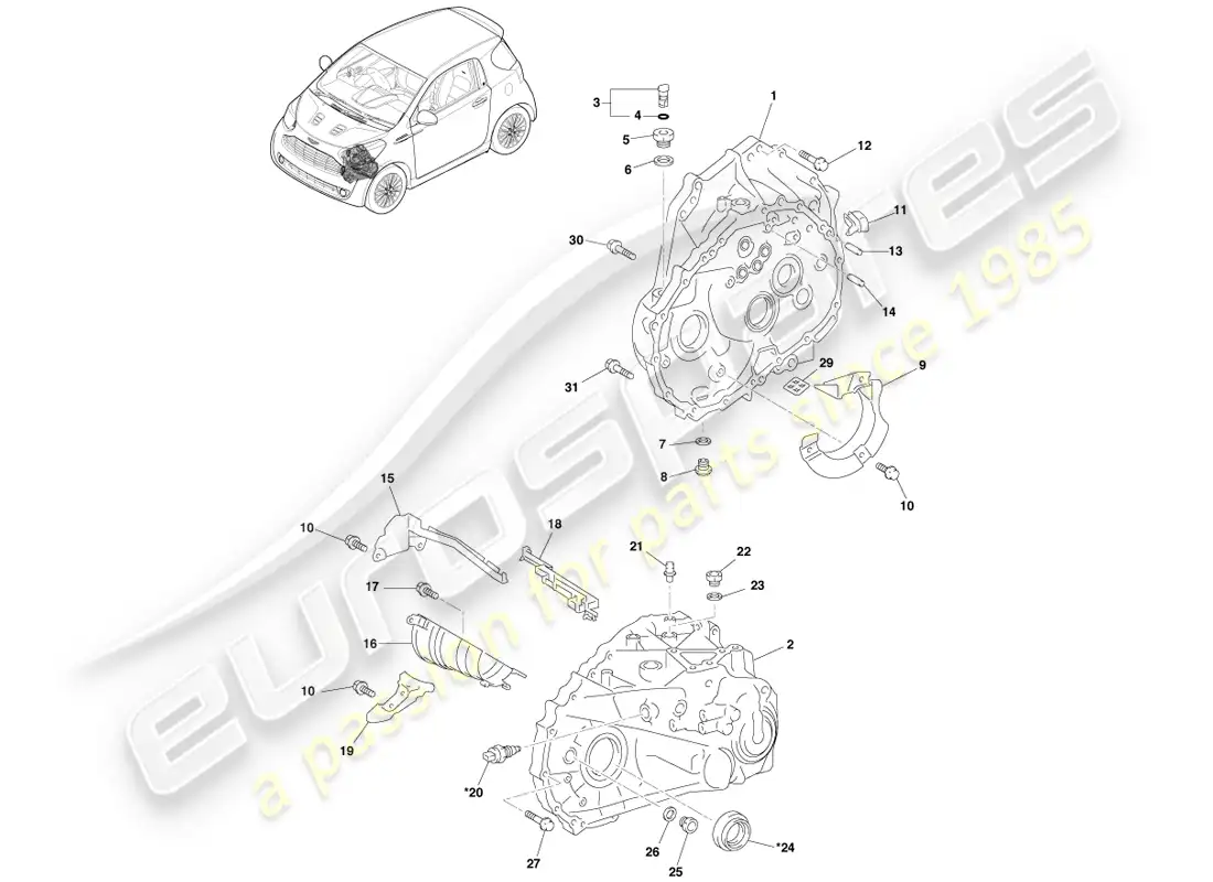 aston martin cygnet (2012) caja de embrague y caja de transmisión diagrama de piezas