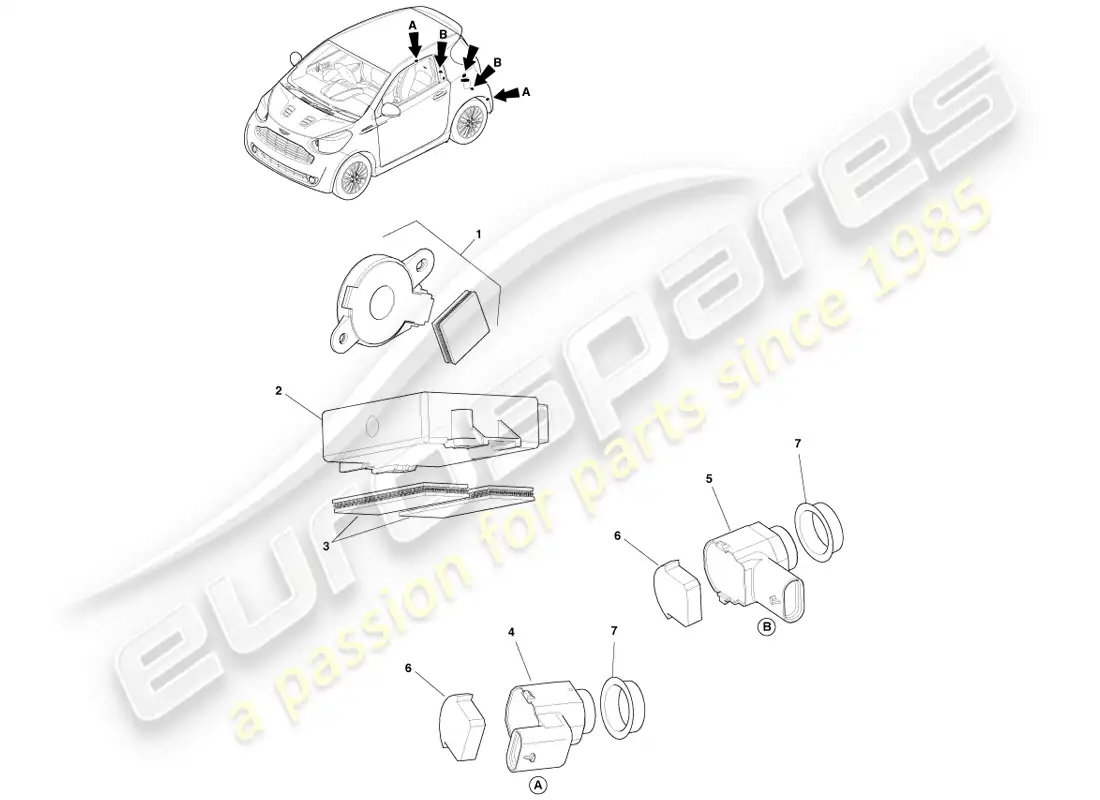 aston martin cygnet (2012) ayudas para aparcar marcha atrás diagrama de piezas