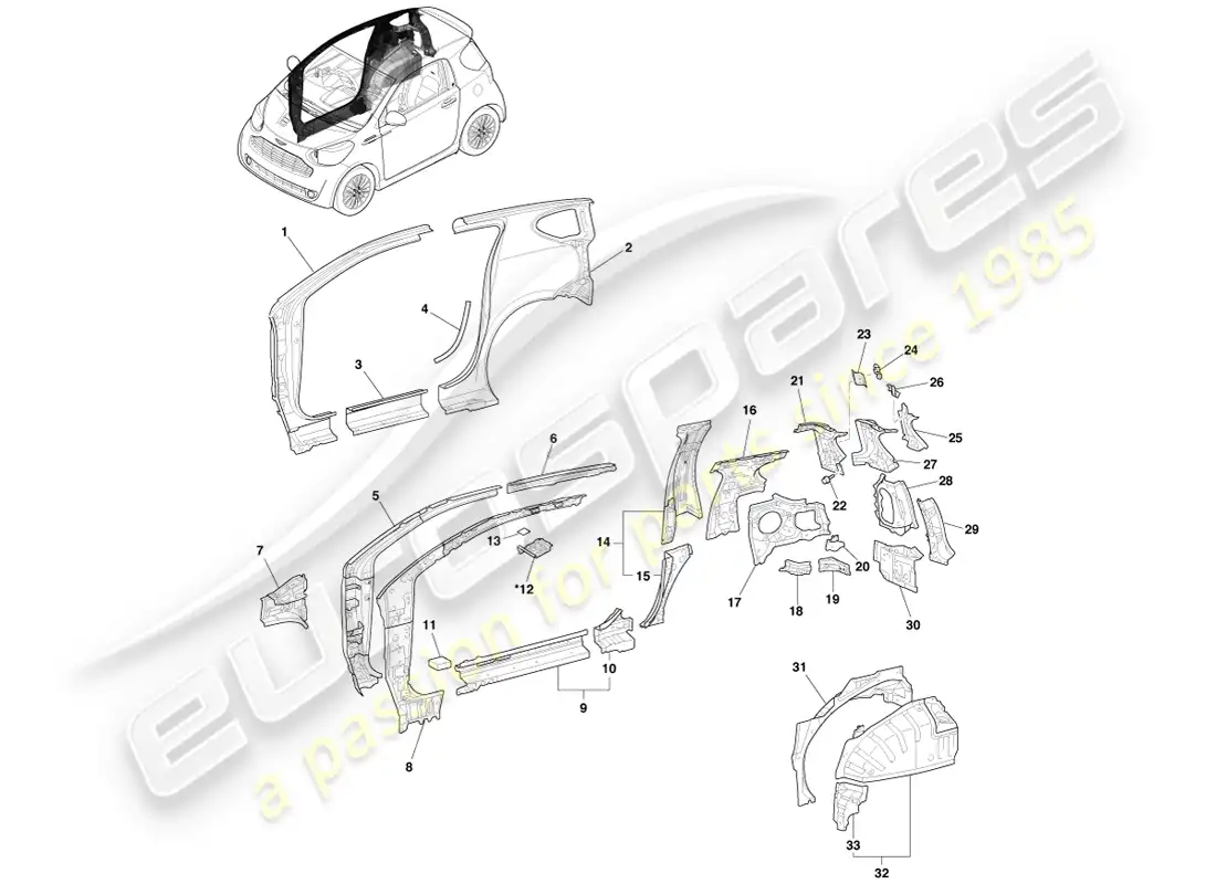 aston martin cygnet (2012) panel lateral y lateral de carrocería, lado derecho diagrama de piezas