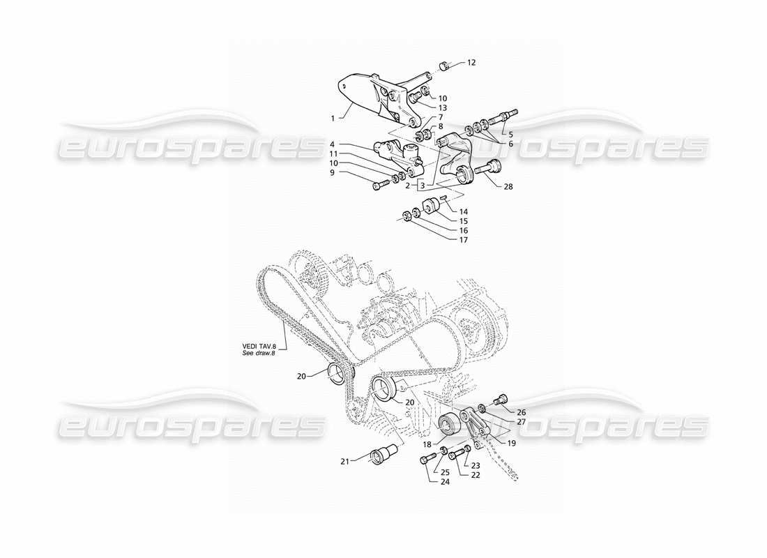 maserati qtp v6 (1996) sincronización: diagrama de piezas del tensor hidráulico