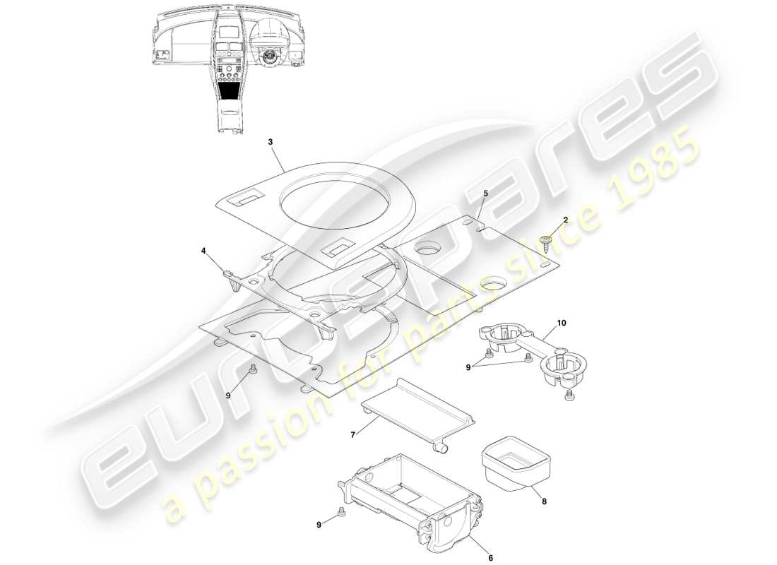 aston martin v8 vantage (2007) consola delantera, manual, 16my diagrama de piezas