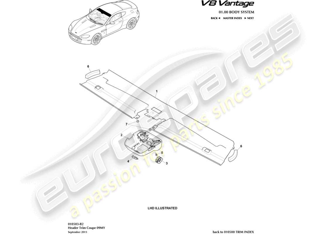 aston martin v8 vantage (2013) diagrama de pieza del embellecedor del cabezal, cupé 09my