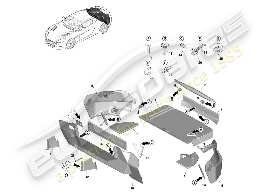 aston martin vanquish (2013) embellecedor del compartimento de carga, cupé 14.5my diagrama de piezas