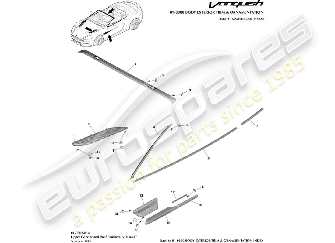 aston martin vanquish (2015) acabados exteriores superiores, diagrama de piezas volante