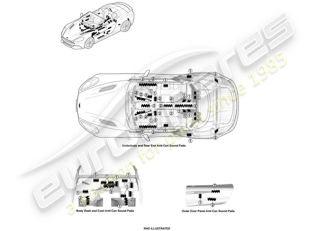 aston martin vanquish (2014) almohadillas antilatas, diagrama de piezas de volante