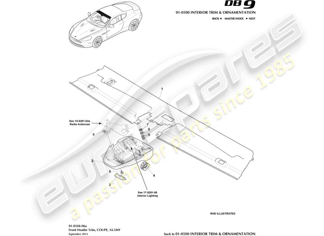 aston martin db9 (2017) embellecedor del encabezado delantero, cupé, 14.5my diagrama de piezas