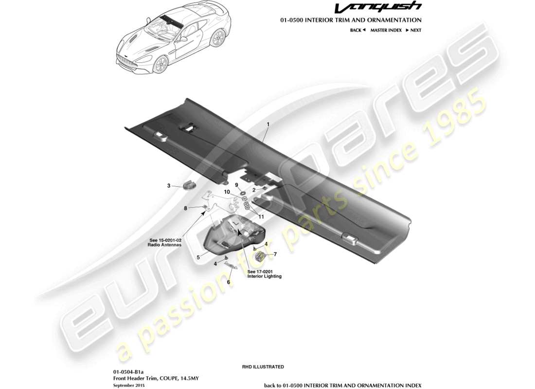 aston martin vanquish (2016) embellecedor del cabezal delantero, cupé 14.5my diagrama de piezas