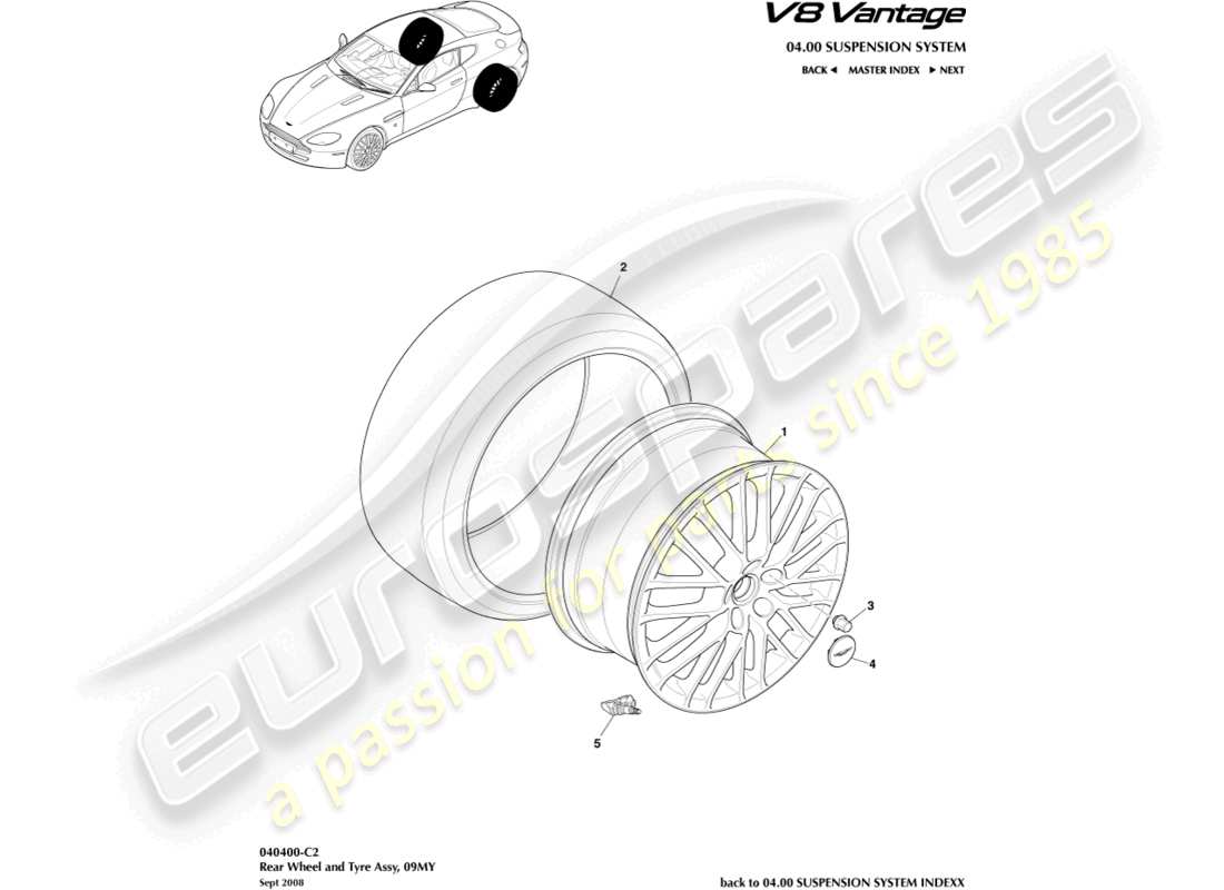 aston martin v8 vantage (2018) ruedas y neumáticos traseros, diagrama de piezas de 09my a 12.25my